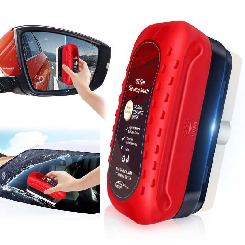 Eiruseed Automotive Oil Film Cleaning Brush with Reusable Foam Sprayer  Upgraded Antifog Glass Cleaning Board  Glass Oil Film Remover for Car Windows & Windshields  Versatile Car Glass Cleaner Brush (Red) - Image 1